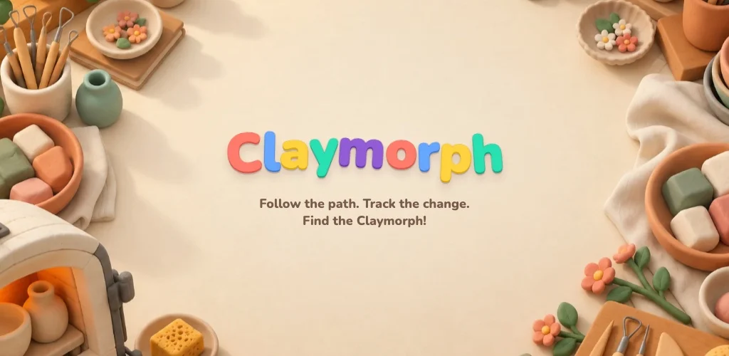 Colourful Claymorph lettering surrounded by clay and pottery tools