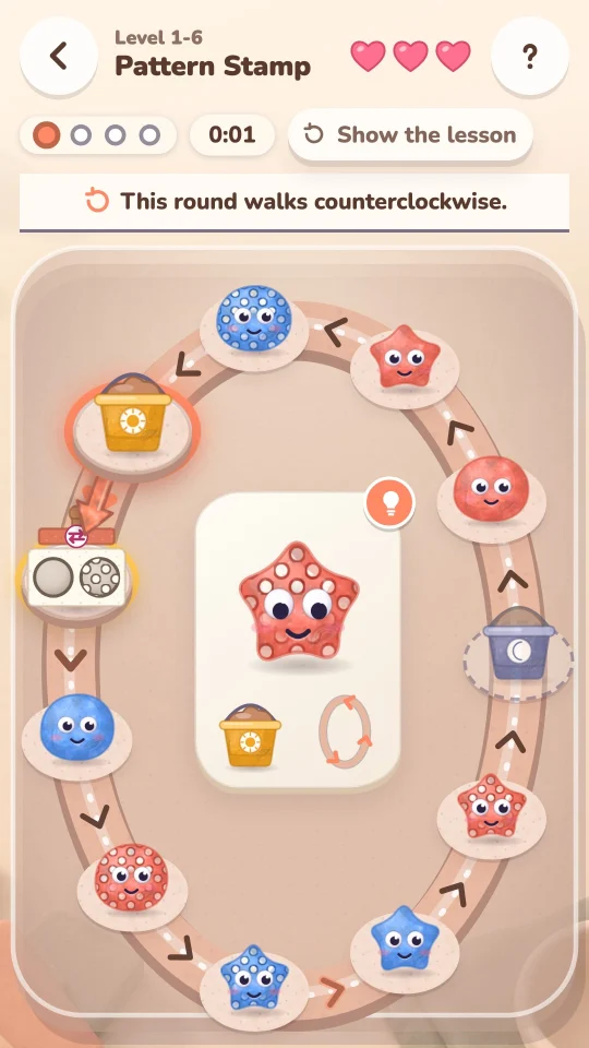 Claymorph puzzle board: clay creatures around a track with glaze buckets and a pattern stamp