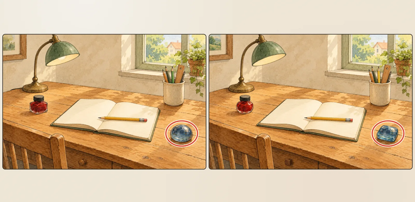 Spot the Difference on a tablet, scene Writing desk: two watercolour pictures of a desk with a lamp, an open notebook and a red ink bottle side by side. One difference is circled in red on both: a round blue glass paperweight on the left, a squarer, lighter blue block on the right