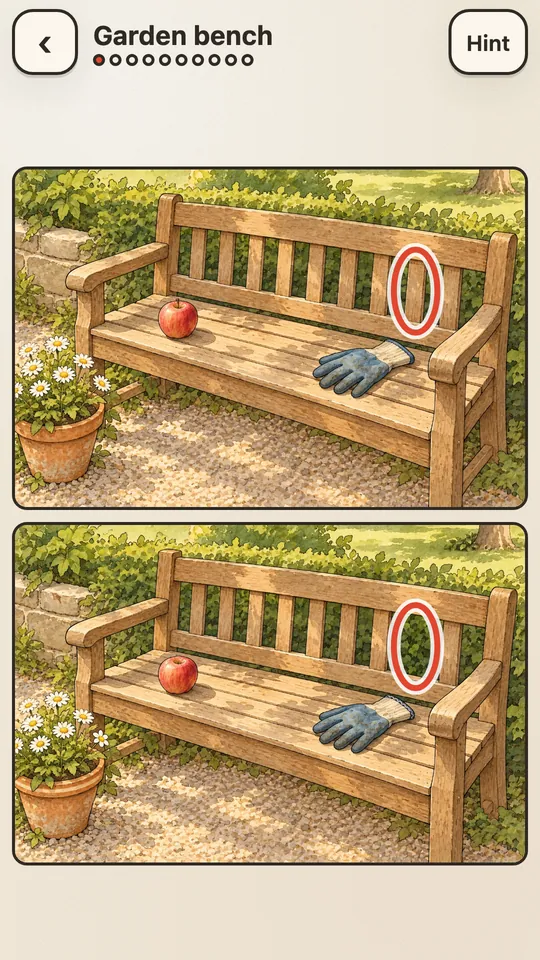 Spot the Difference on a phone, scene Garden bench: two watercolour pictures of a garden bench, one above the other. One difference is circled: a slat is missing from the bench in the lower picture